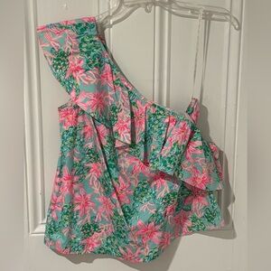 Lilly Pulitzer Pink and Green Asymmetrical Ruffled Blouse